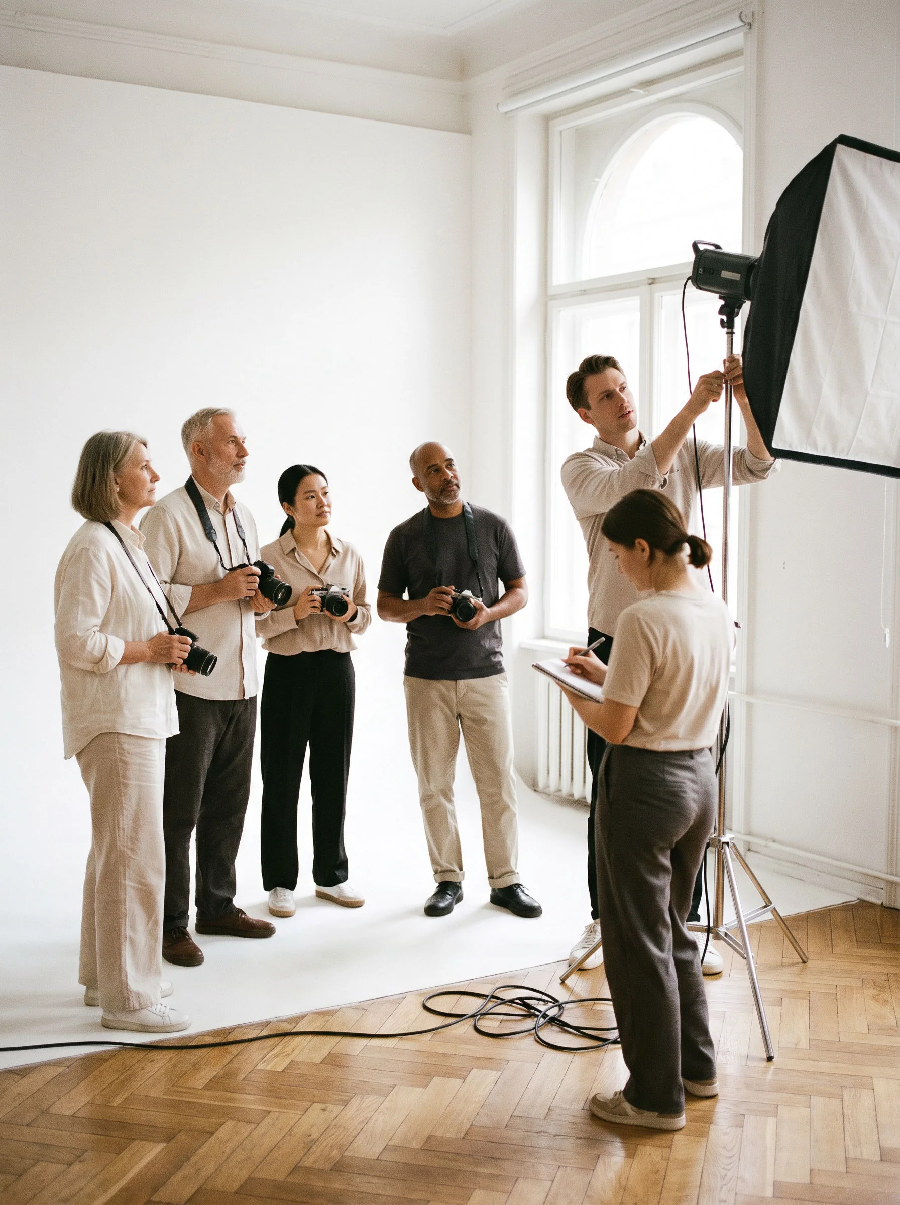 A small group with cameras watching an instructor set up a softbox