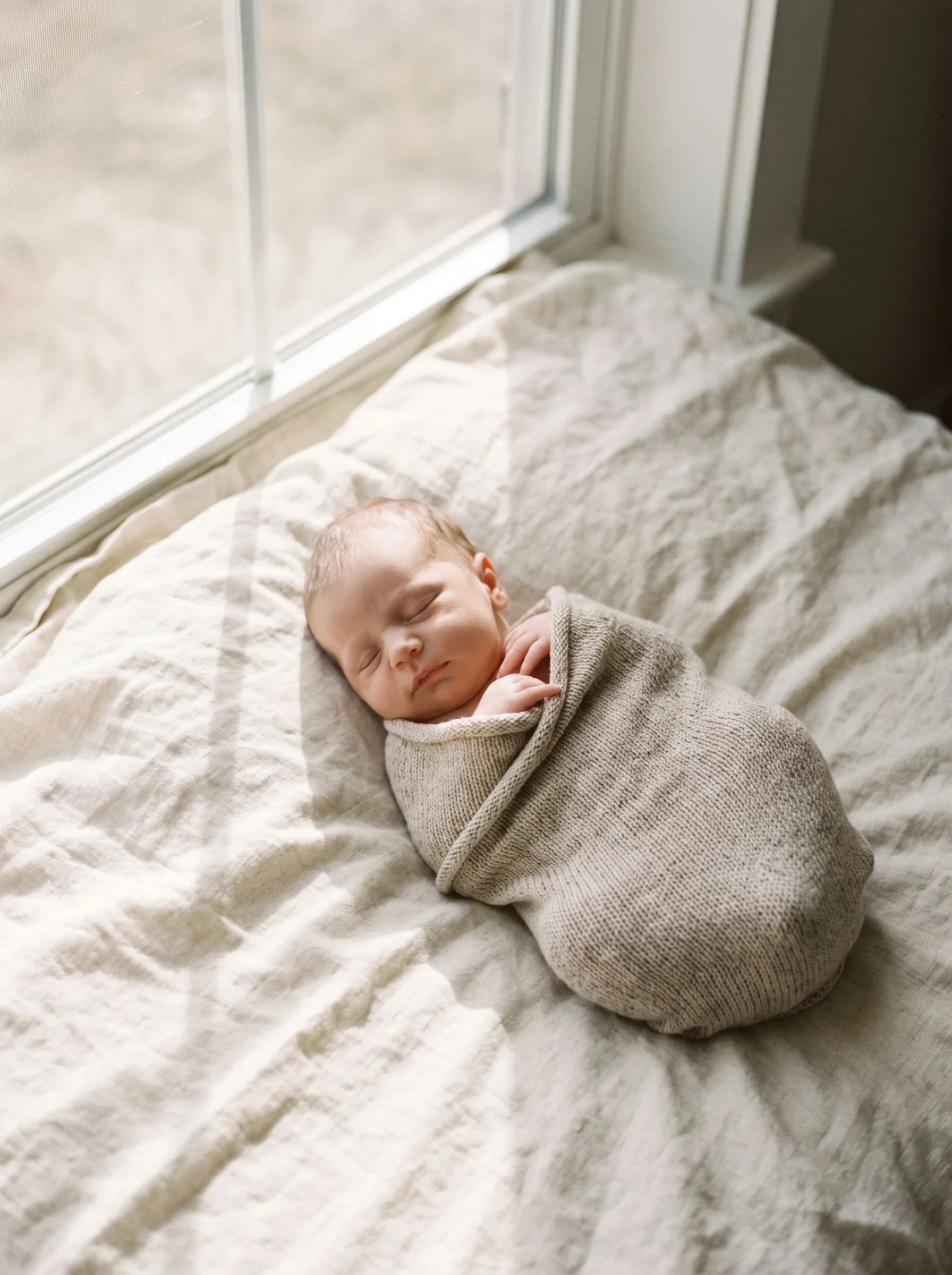A newborn asleep in a knit wrap on a linen blanket by the window