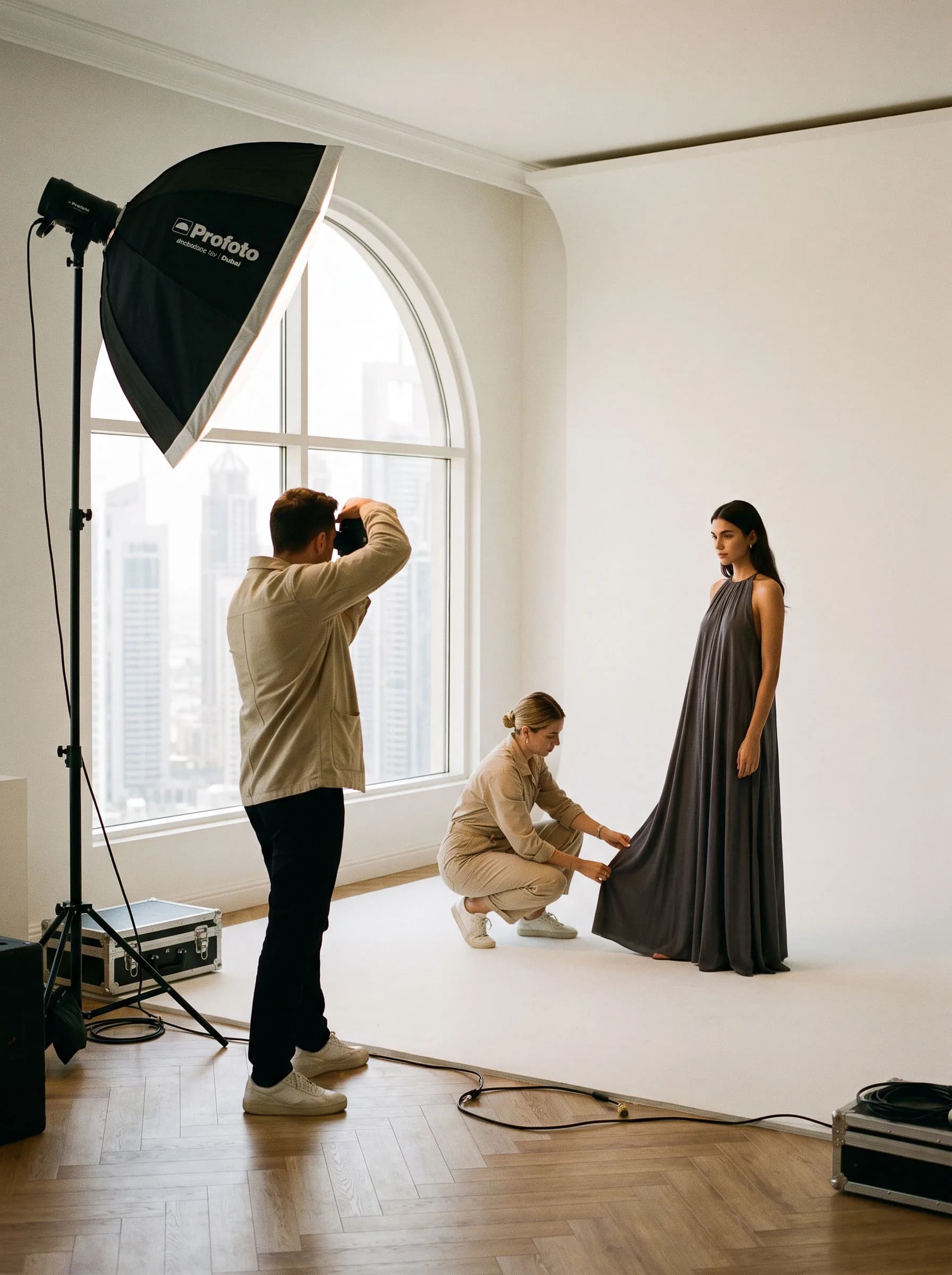 A photographer shooting a model on the white cyclorama while a stylist adjusts her dress