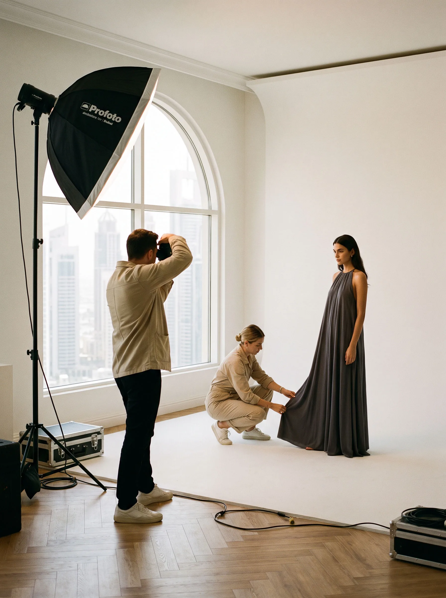 A photographer shooting a model on the white cyclorama while a stylist adjusts her dress