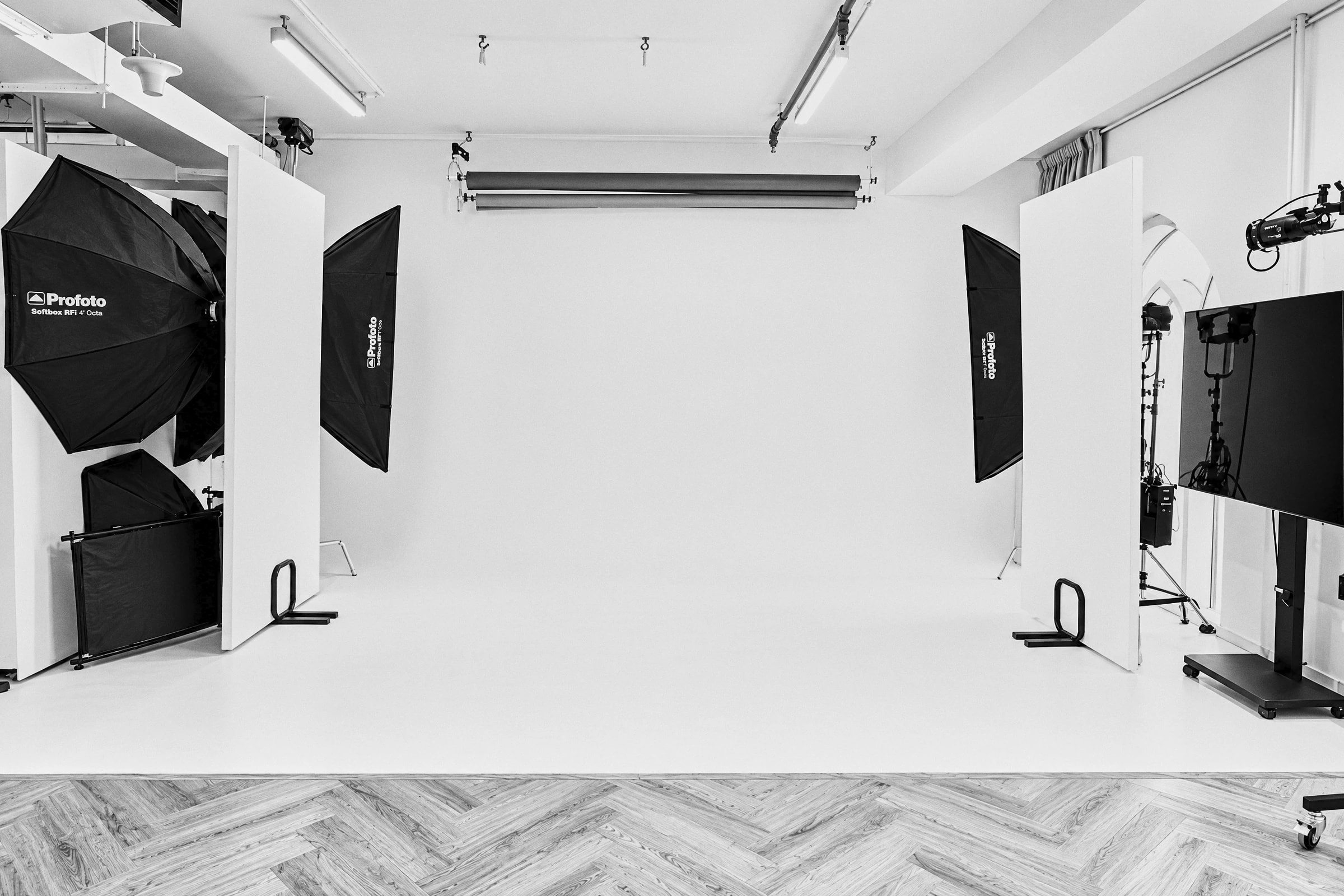 The white cyclorama with Profoto softboxes and stripboxes standing on both sides
